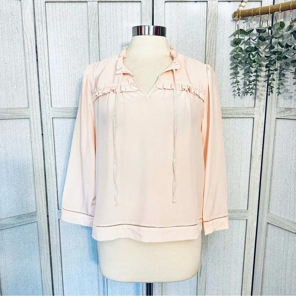 3/$22🩶 POINT SUR J. CREW Silk Popover Shirt Blouse Ruffle Size Medium Petite MP